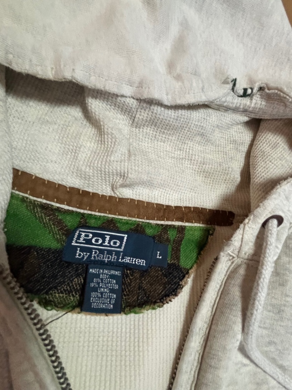 Polo Ralph Lauren Big Pony Full-Zip Hoodie Cream Off-White Men's Large Distresse